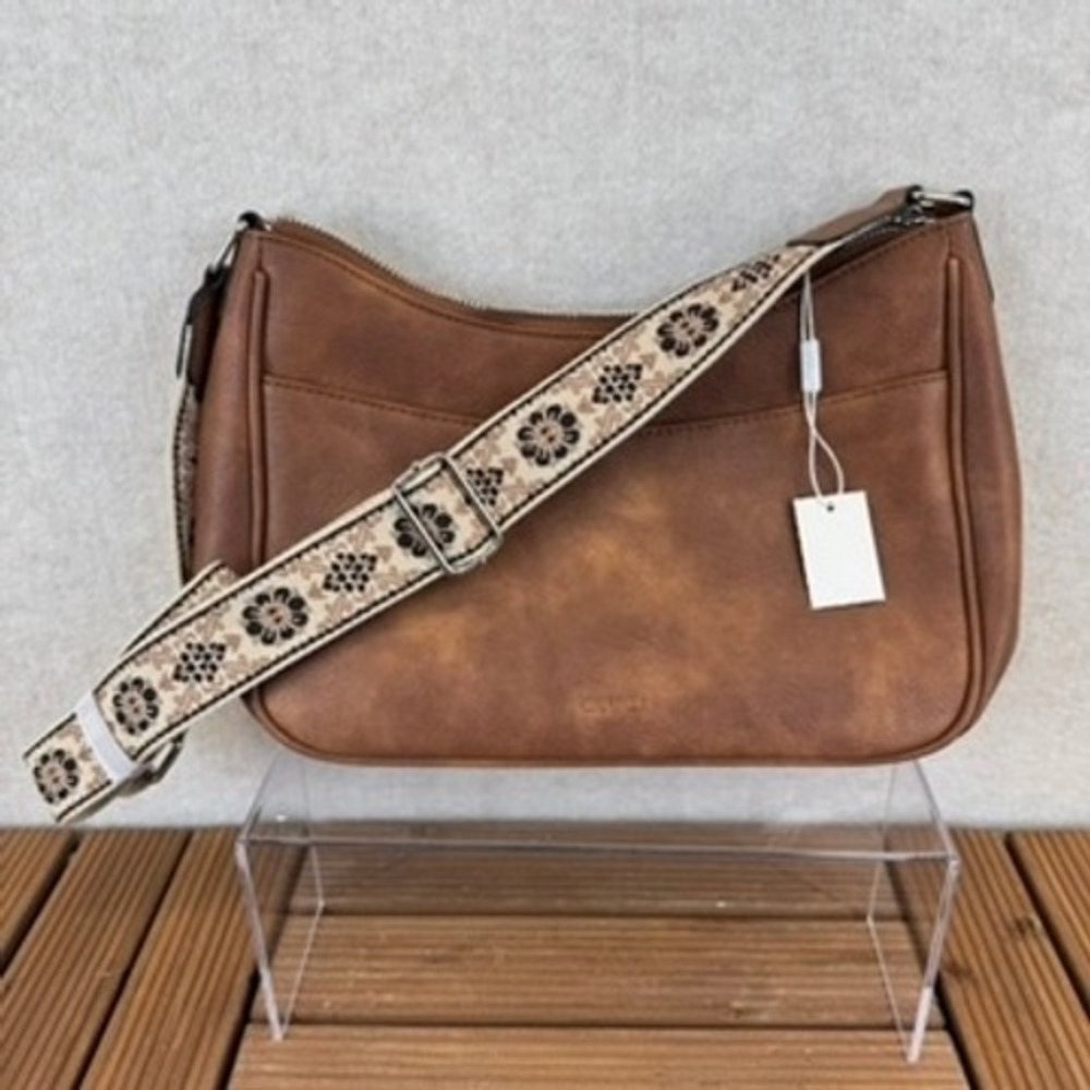 CLUCI Brown Vegan Leather Crossbody Boho Bag Floral Guitar Strap Hobo Shoulder